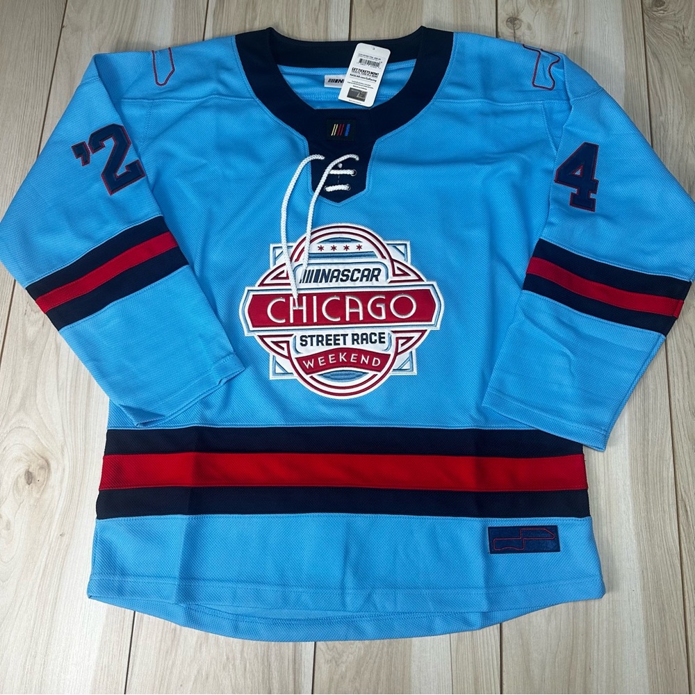 NWT Nascar Chicago Street Race Hockey Pullover Jersey Blue Mens Large MSRP $99